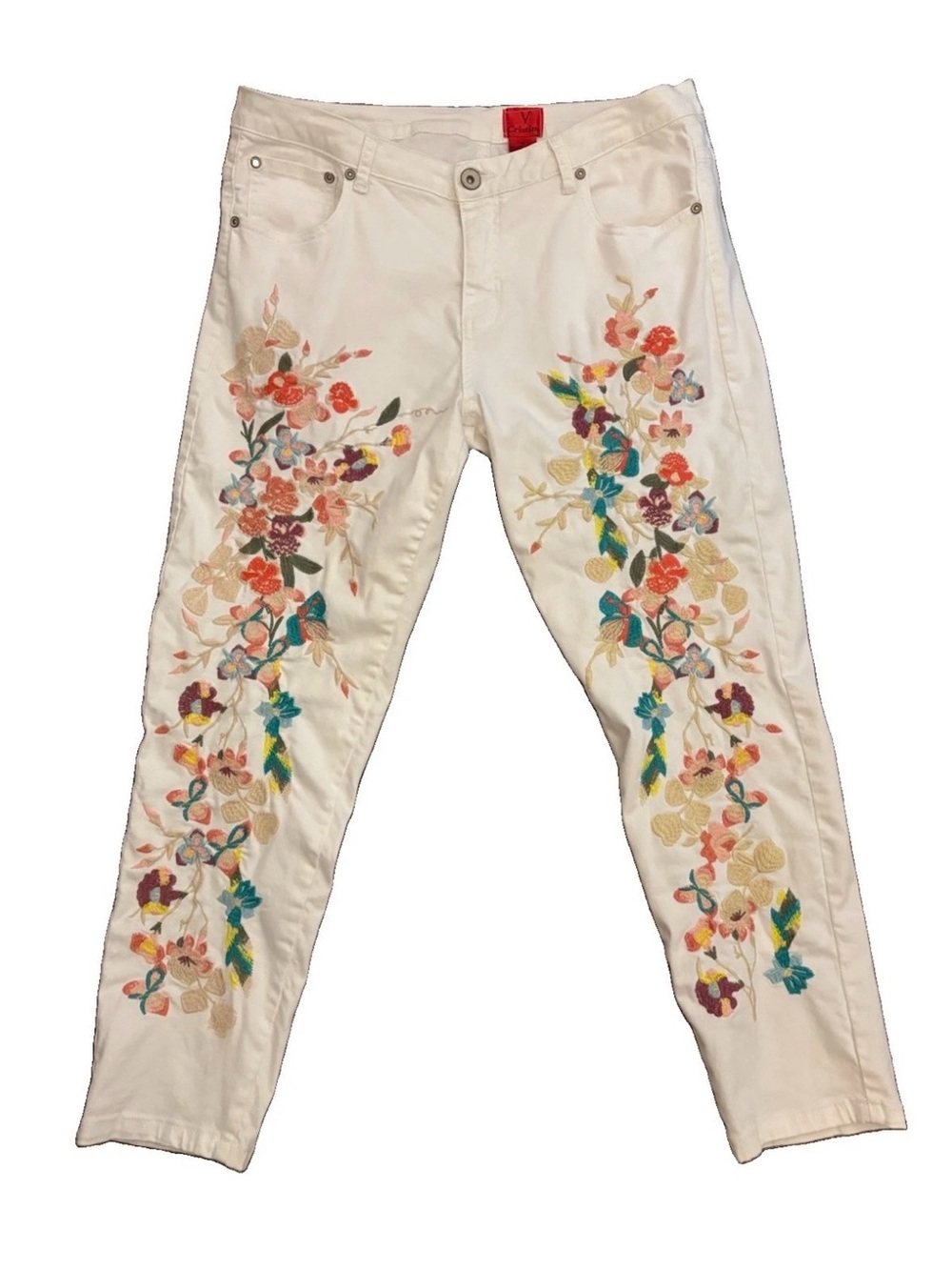 V Cristina White Embroidered Multicolor Floral Jeans Boho Cotton Stretch Vibrant